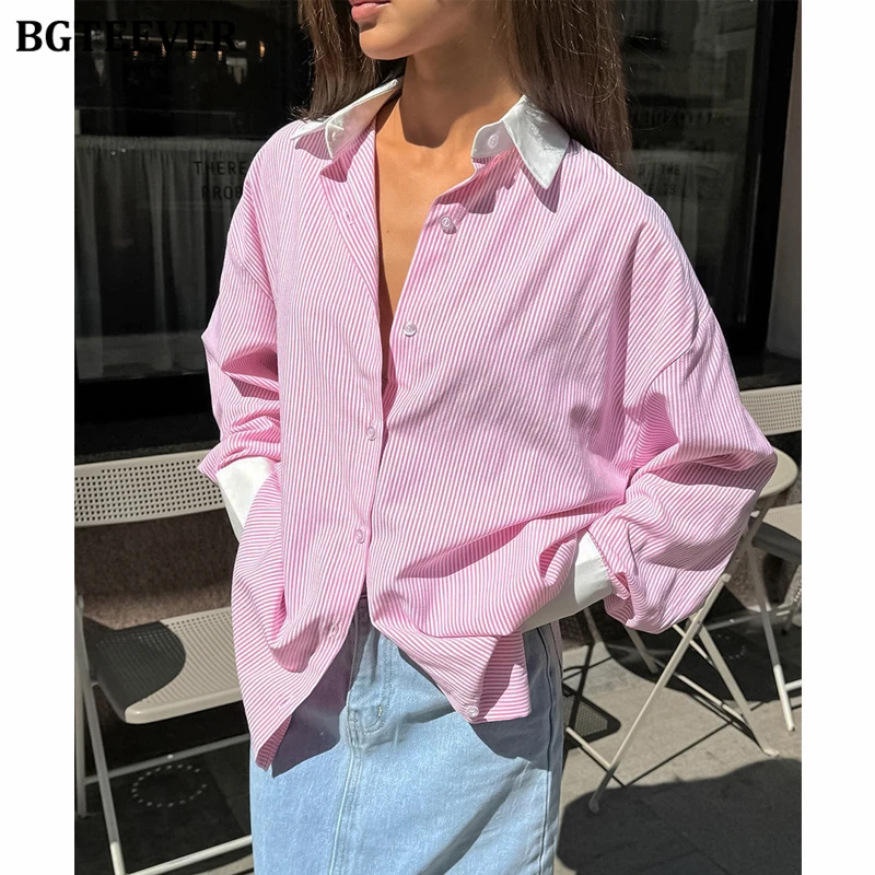 

BGTEEVER Casual Patchwork Lapel Women Striped Shirts Tops Long Sleeve Loose Female Blouses
