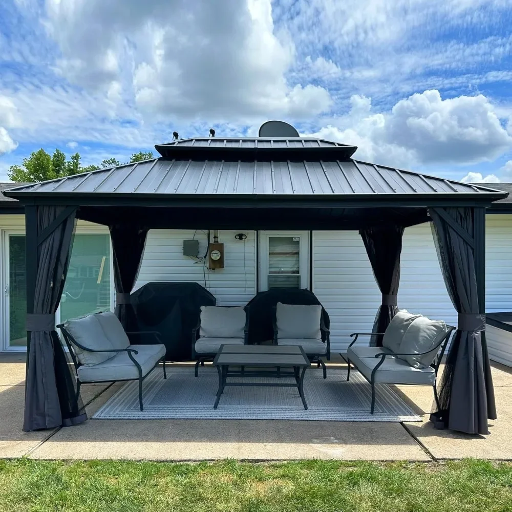 10' X 14' Gazebo with Dual-Layer Galvanized Steel Double Roof for Patio Lawn Garden Aluminum Gazebo with Netting and Curtains