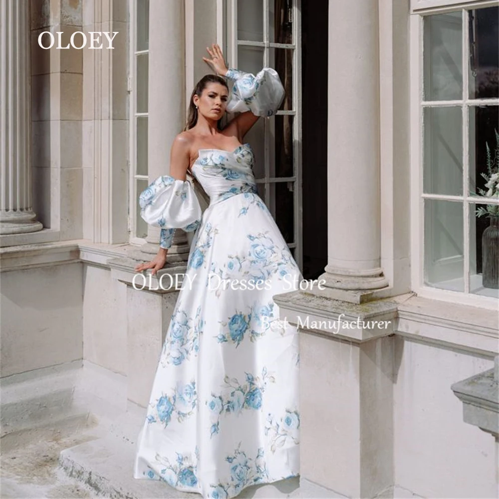 Oloey Elegante Lieverd Bloemenprint Prom Jurk Met Afneembare Mouwen Chiffon Trouwjurk Op Maat Gemaakte Avondjurk