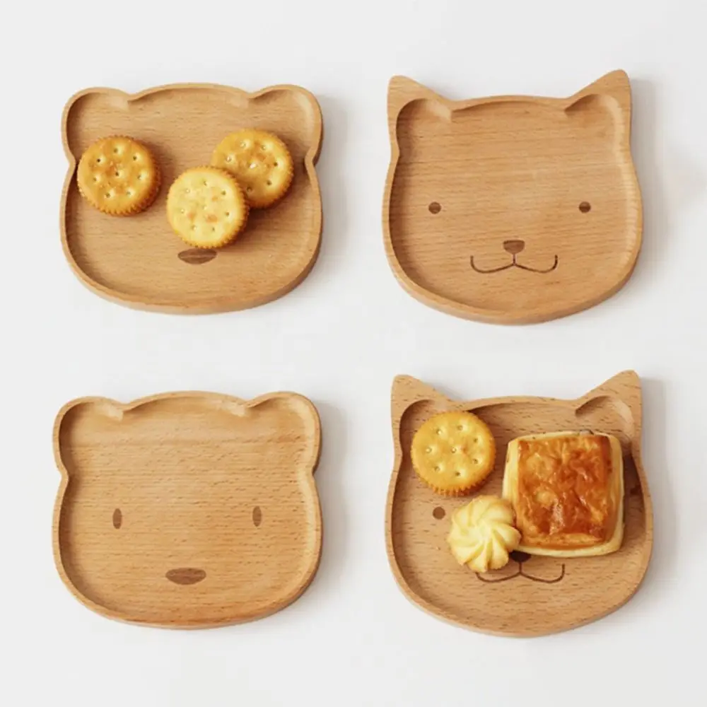 Multiple Styles Solid Wood Cartoon Dinner Tray Animal Pattern Cute Children's Rice Plate Odorless Wood Food Dishes Baby