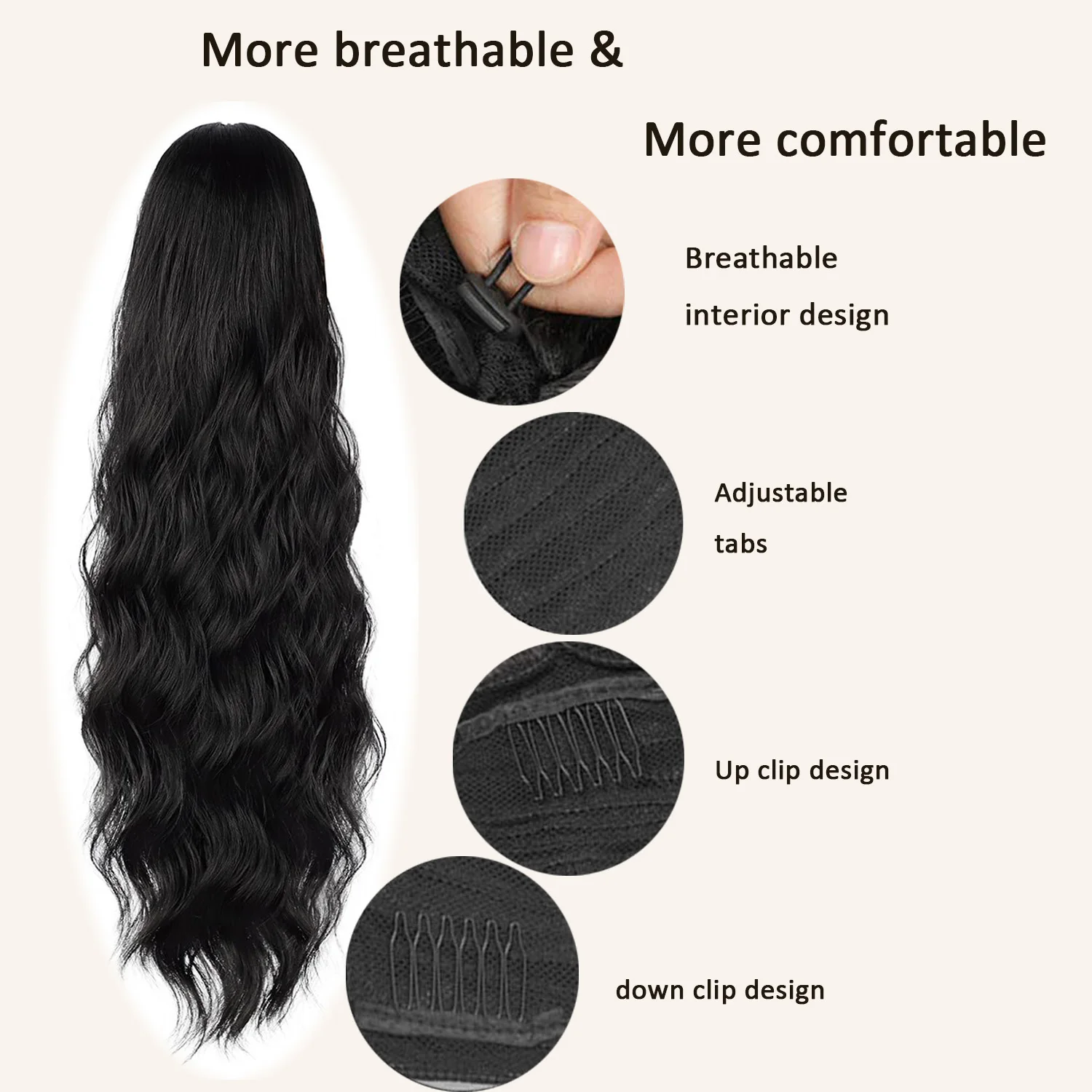 Extensión de cola de caballo con cordón, extensión de cola de caballo negra ondulada de cuerpo largo para mujer, Clip de extensión de cola de caballo de pelo sintético