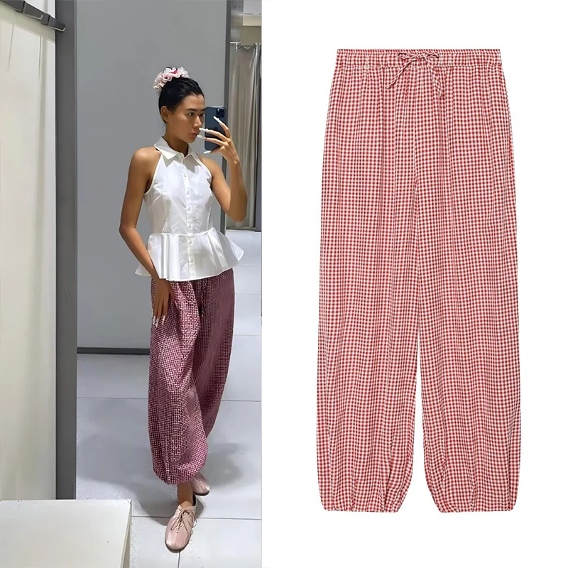 Guobioziy Women's Shorts 2026 New Style Women's Multi‑Colour Gingham Drawstring Cuffed Lantern Pants Summer Shopping
