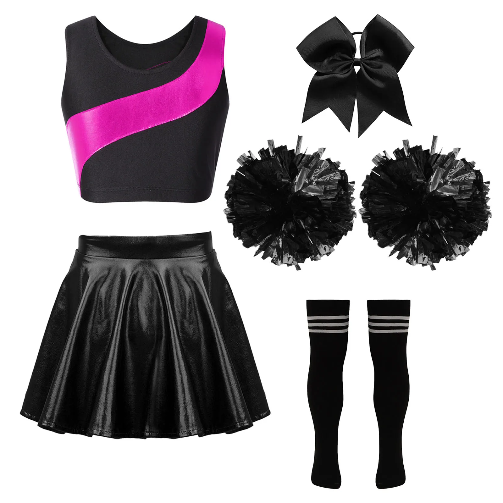 Kids Girls Cheerleading Costume Outfits Cheer Modern Dancewear Sleeveless Crop Top with Flared Skirt Headwear Hand Flowers Socks