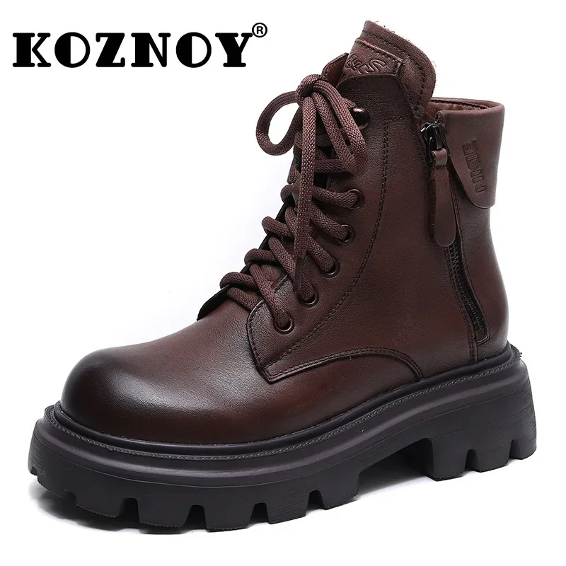 Koznoy 5.5cm zima pluszowa krowa prawdziwa skóra wiosna jesień etniczne ZIP platforma buty motocyklowe do kostki kobiety brytyjskie ciepłe buty