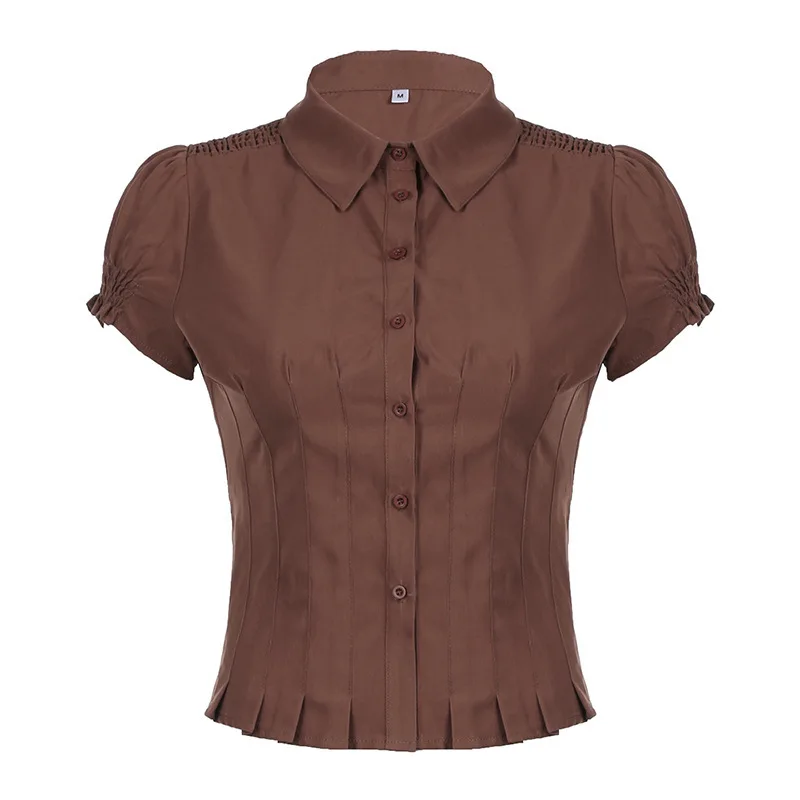 New Vintage Lapel Bubble Sleeve Button Down Shirt Waist Slim Fit Cardigan T-shirt Suitable for Fashion Streetwear Girls Clothes