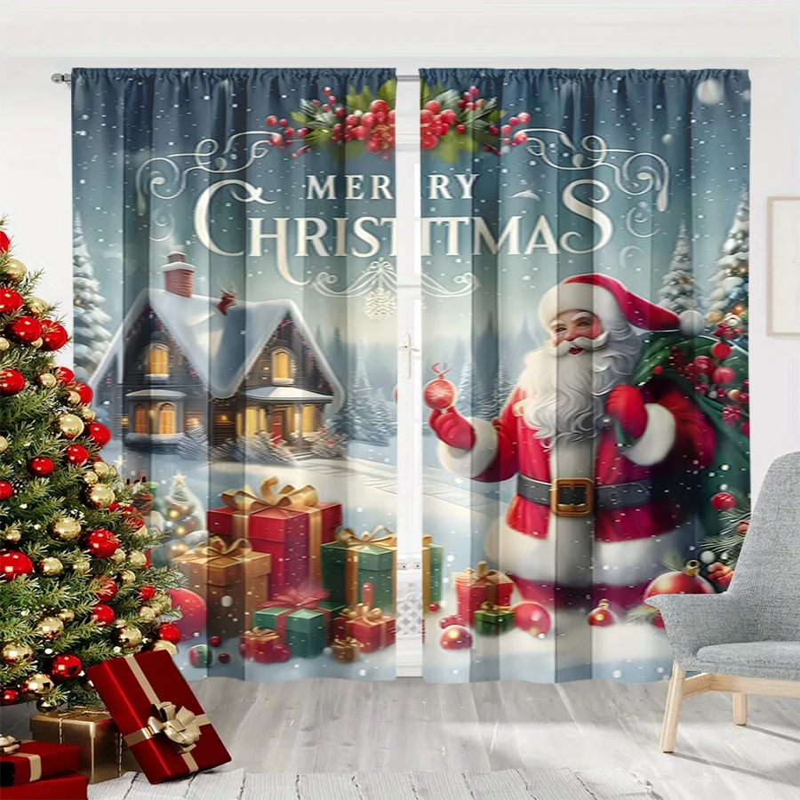 2PCS Blue Santa Claus Christmas Print Curtains, Winter Cottage House Gift Box Window Drapes for Xmas Holiday Bedroom Decor