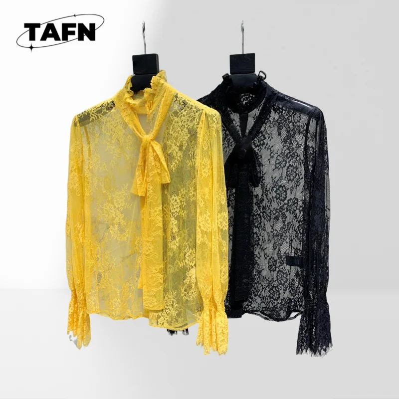 

Bow Ribbon Lace Trim Shirt Women's Loose Long Shirt Dress Oversized Casual Blouse Shirt Turn Down Collar Workwear Blouse AH01121