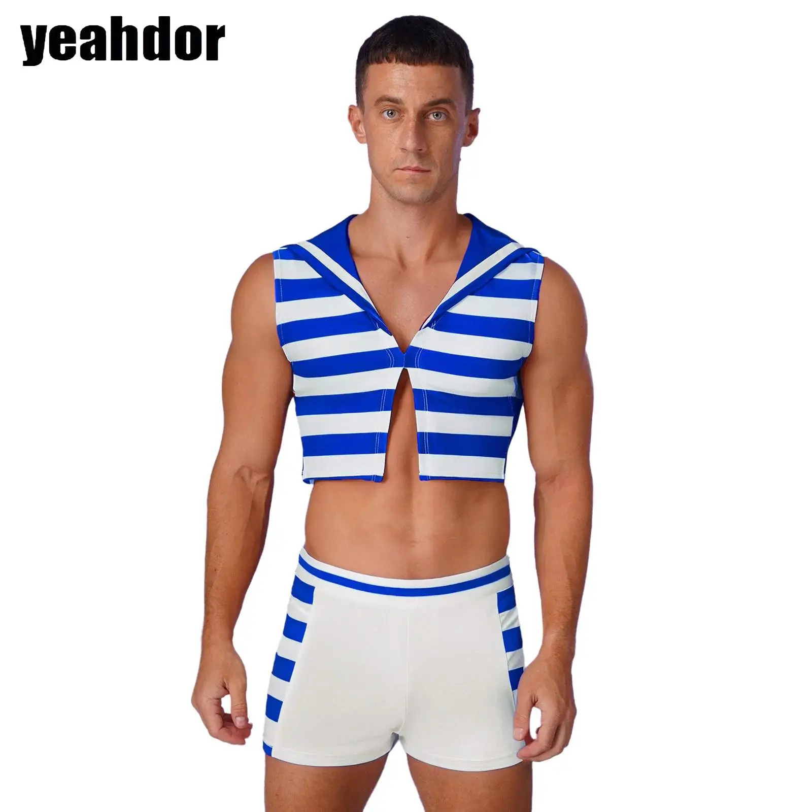 

Men Sailor Cosplay Costume Set Navy Sailor Striped Uniform Sleeveless Crop Tank Tops with Boxer Shorts Halloween Fancy Dress