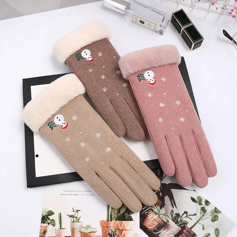 Women Winter Plus Velvet Thicken Warm Mittens Cycling Driving Windproof All Fingers Gloves Fashion Cute Girl Christmas Gift T49