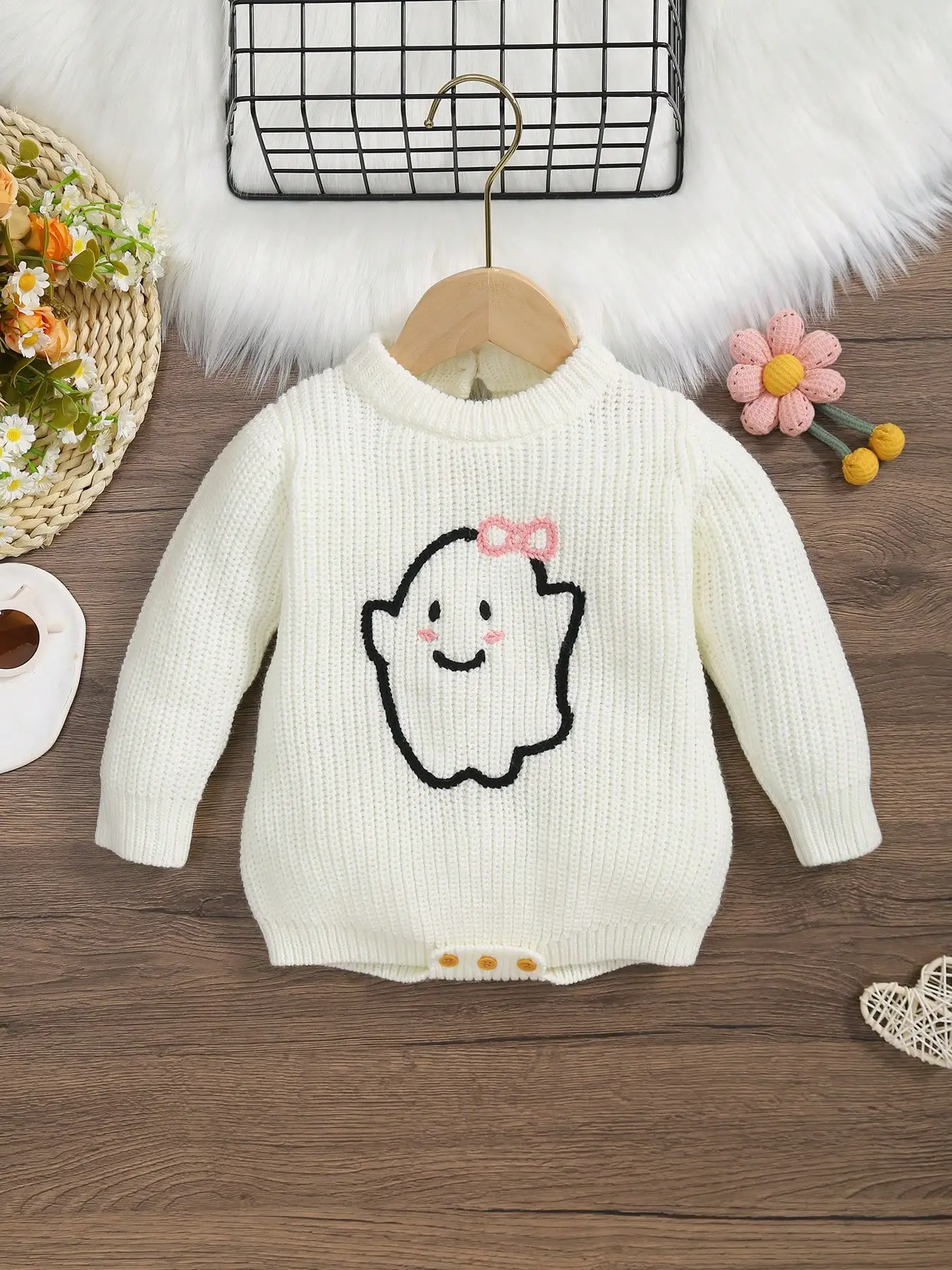 First Halloween Baby Outfit, Cute Bow-Knot Smiley Ghost Knitted Long-Sleeve Romper