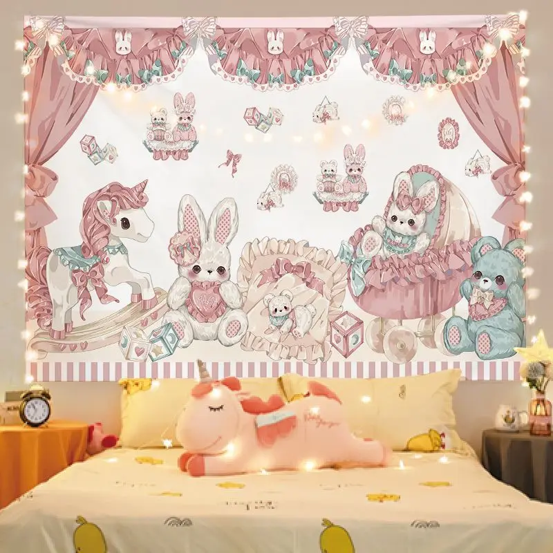 VIKAMA Pink Polka Dot Lolita Little Bear Rabbit Tapestry Sweet Bow Cute Pet Cartoon Background Cloth Warm Tapestry Room Decor