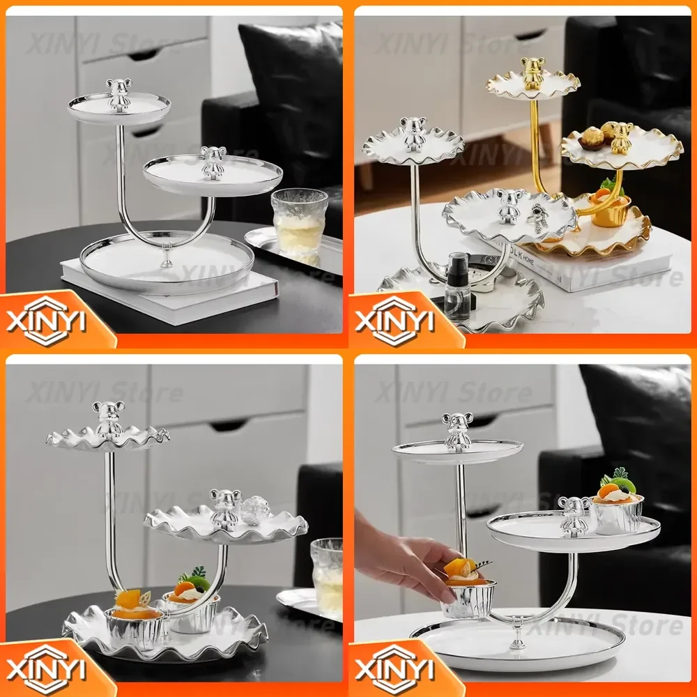 Three Layer Bear Fruit Plate for HQ198 Candy Snack Dessert Wedding Party Cake Display Rack Home Kitchen Ceramic Tableware