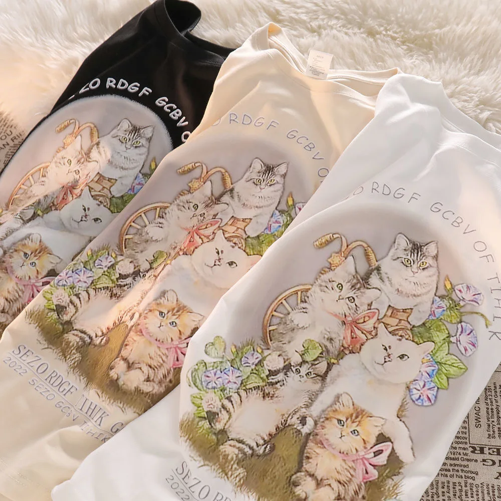 אסתטי חתול דפוס T חולצה נשים 2023 קיץ טרי חמוד חולצת טי כותנה 100% Loose מקרית רחב מימדים טי בנות קצר שרוול למעלה