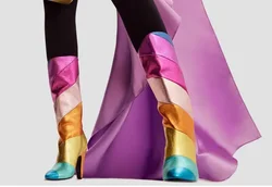 Stivali alti al ginocchio con punta a punta colorata arcobaleno tacchi a blocco Slip-Ob colore misto cucito primavera donna scarpe in pelle lucida brillante