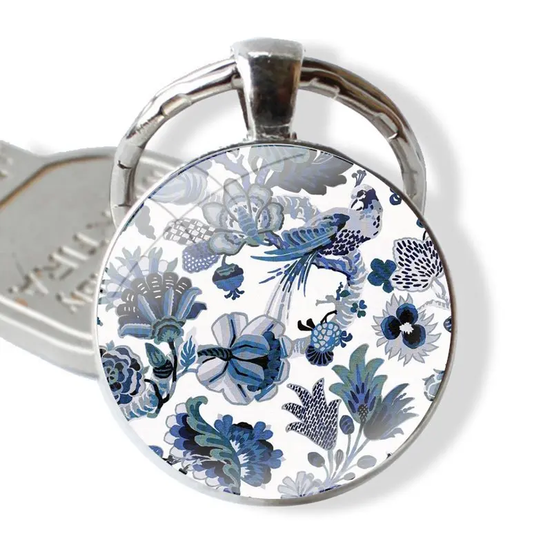 Blue and white porcelain Glass Metal Pendant Key Chain Classic Men Women Key Ring Accessories Jewelry Gifts