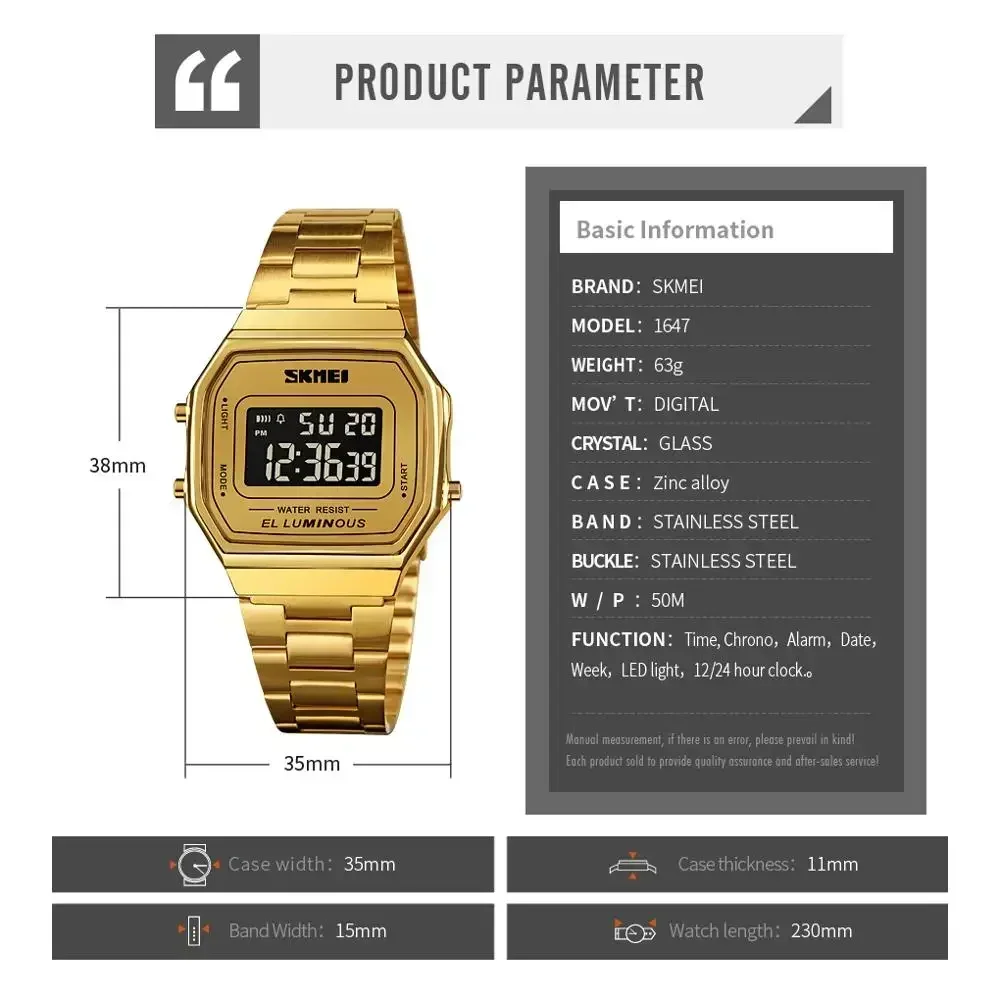 SKMEI 1647 Casual Simple Mens Wristwatches Stainless Steel Band Waterproof Watch Men reloj hombre Retro LED Digital Male Watches image 6