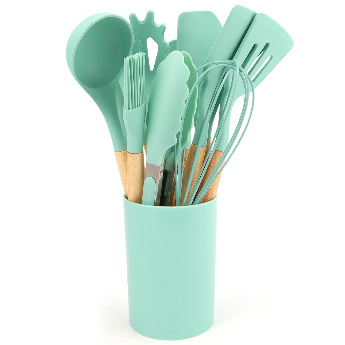 12Pcs Soup Spoon Cooking Tool Silicone Kitchen Utensils Spatula Shovel with Storage Bucket Non-Stick Wood Handle Kitchen Gadgets