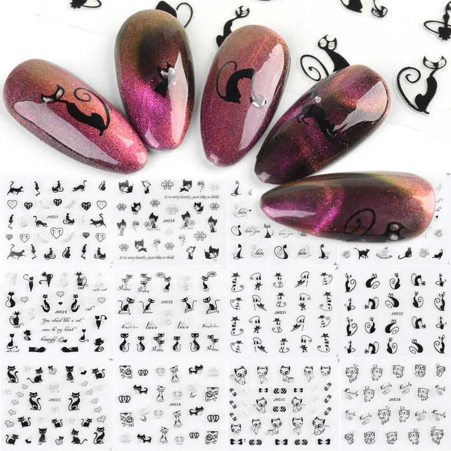 12pcs Mixed Black Gold Cat 3D Stickers for Nails Butterfly Cartoon Slider Decals Manicure Nail Art Decor Accessories GLJH025-36