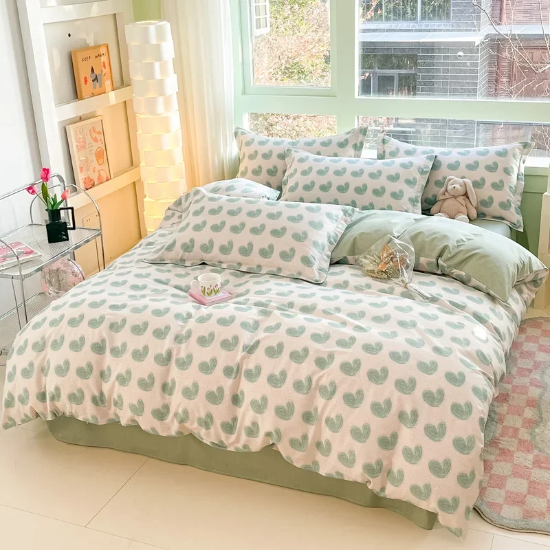 Green Heart Pattern 100% Cotton Bedding Set Fashion Skin Friendly Floral Duvet Cover Set Queen King Size Single Double Bed Set
