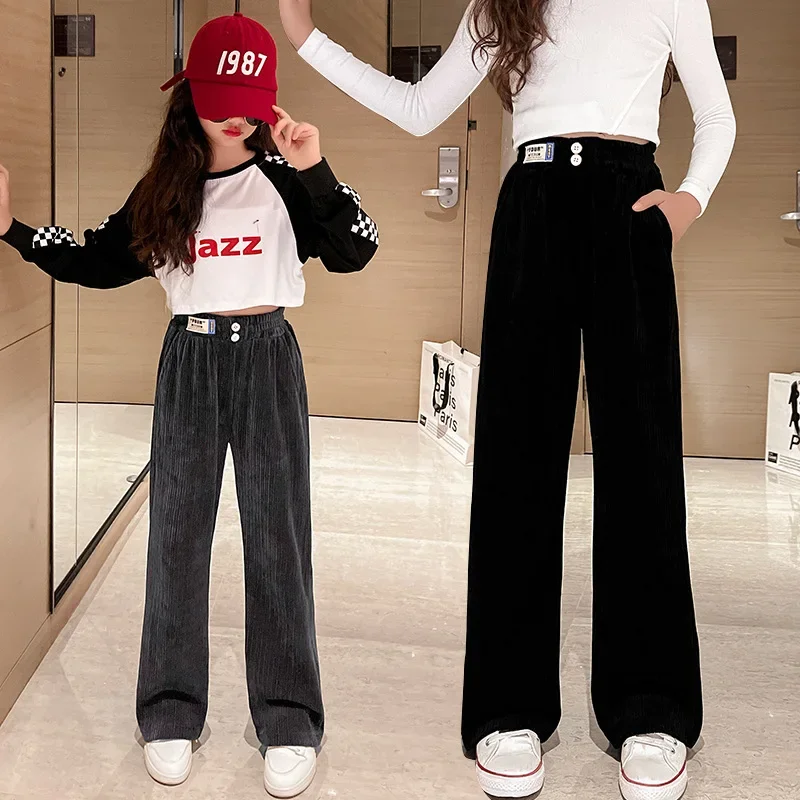 Girls' Corduroy Wide-leg Pants Spring and Autumn Thin Straight Leg Children's Wide-leg Pants Teenage Kids Autumn Chenille Pants