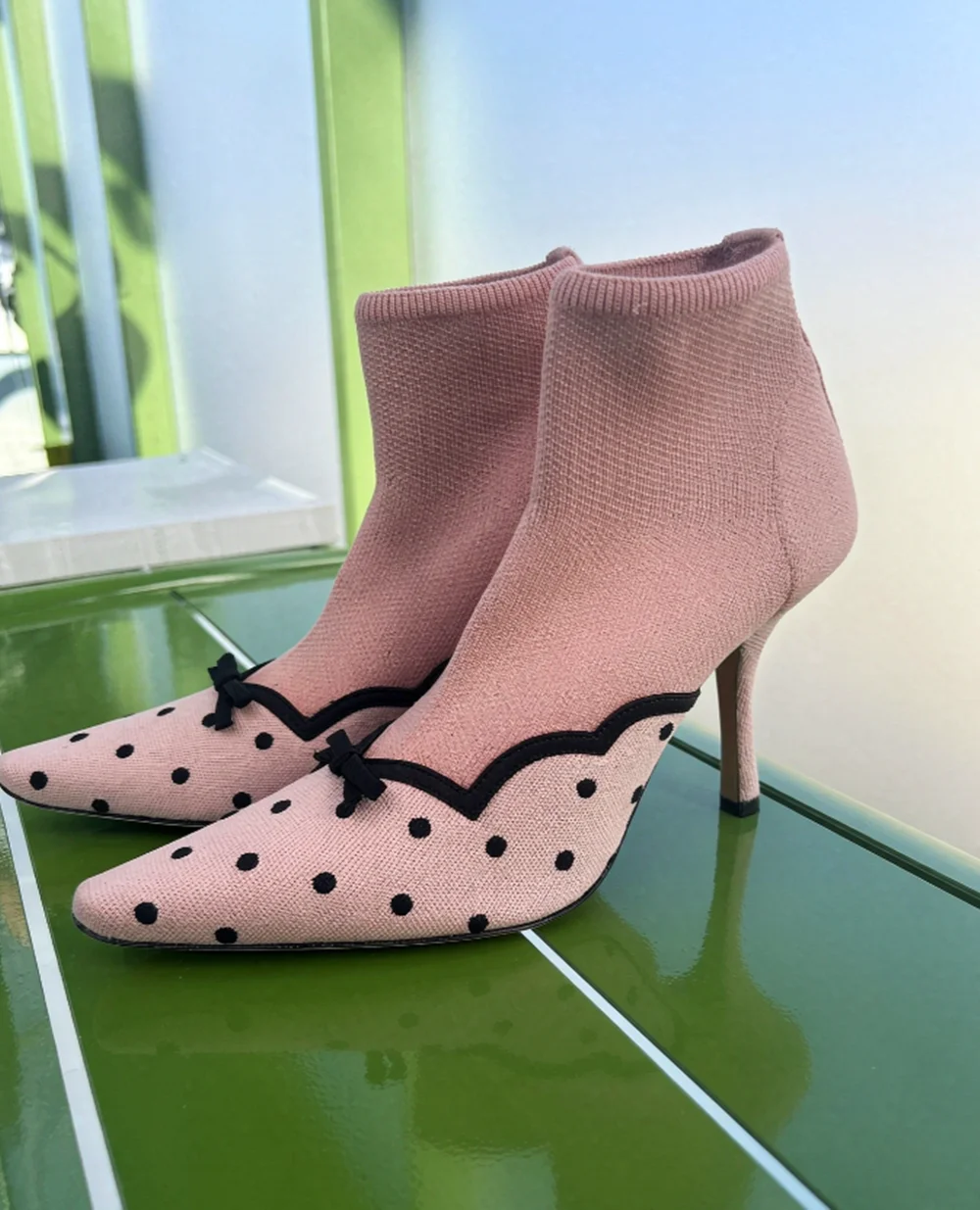 Elegant Pink Knit Sock Ankle Boots Black Polka Dot Print Mini Bow Decor Thin Stiletto Heel Boots Retro Sweet Style Fashion Shoes