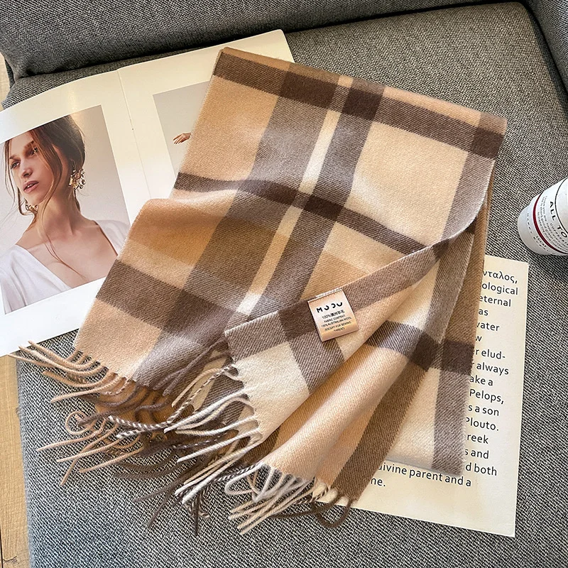 100% Wool Scarf For Women Men British Style Tartan Plaid Cashmere Scarves With Tassel Female Winter Warm Neck Scarf Shawl 2023