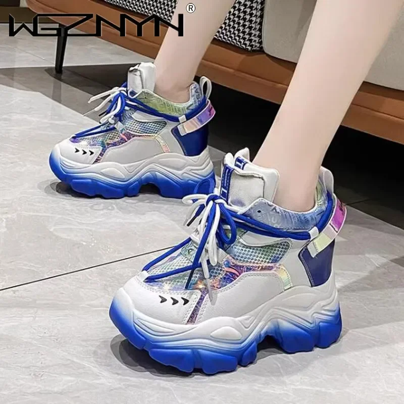 9.5CM Women Chunky Sneakers Hidden Heels Ladies Wedge Casual Shoes High Platform Autumn Breathable Mesh Shoes Women Dad Sneakers