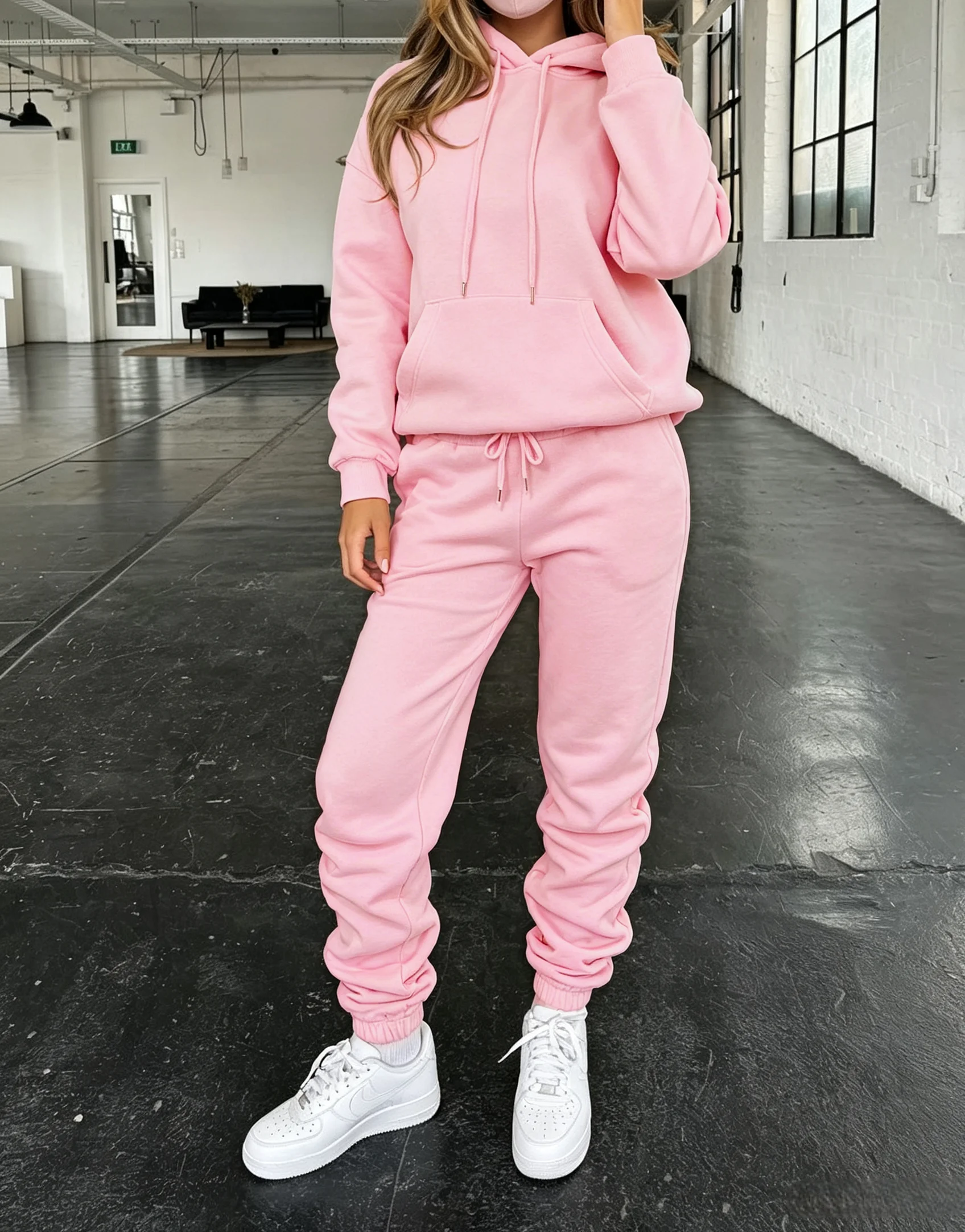 Women 2 Piece Tracksuit Solid Color Drawstring Hoodie & Jogger Pants Set Long Sleeve Loose Casual Sweat Suit Fall Winter Streetw