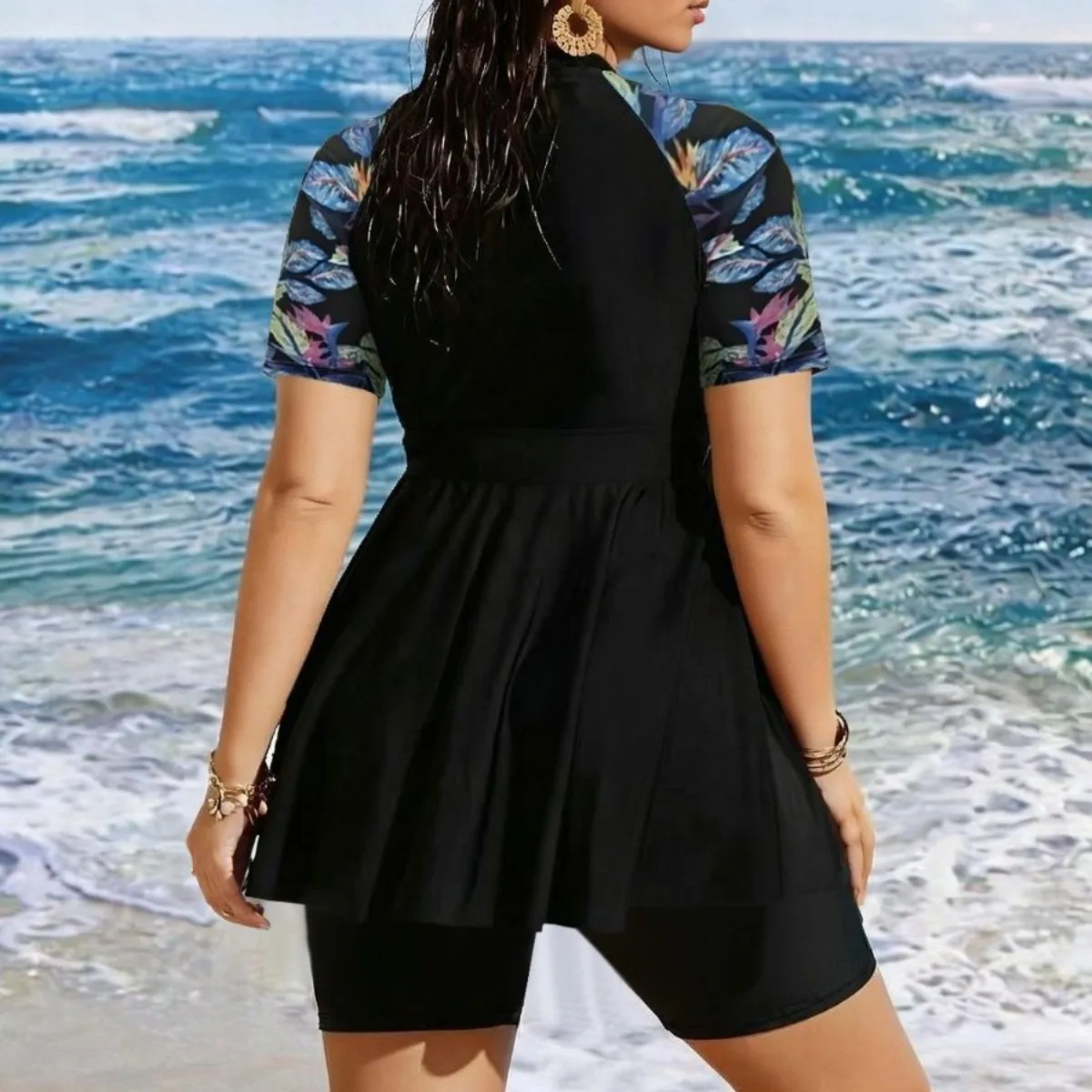 Women Two‑Piece Swimwear Patchwork Short‑Sleeve Zipper Swing Skirt Quick‑Dry Plus Size Bathing Suit Beach Outfit