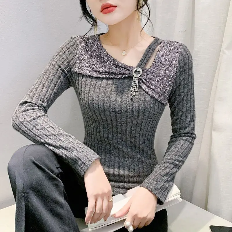 Women's Clothing Asymmetrical Spring Autumn Rivet Solid Color Pullover Sweater Knitted Casual Elegant Long Sleeve All-match Tops