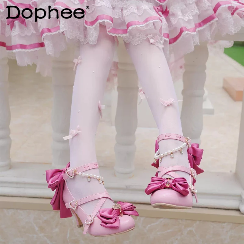 

Ladies High Heel Pumps Spring and Summer New Girls Women's Sweet Elegant Bow Pearl Chain Lolita Mary Jane Shoes Wedding Shoes