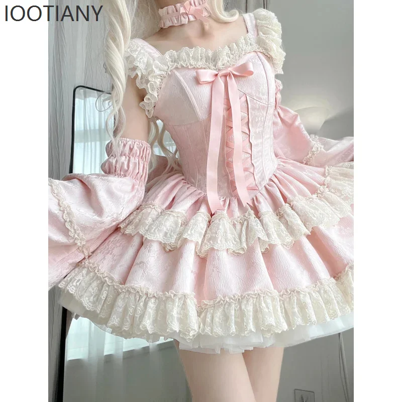 

2025 Sweet And Elegant Lolita Princess Dress Kawaii Cute Lace Ruffle Bow Slim Dress Japanese Harajuku Style Y2k Party Mini Dress