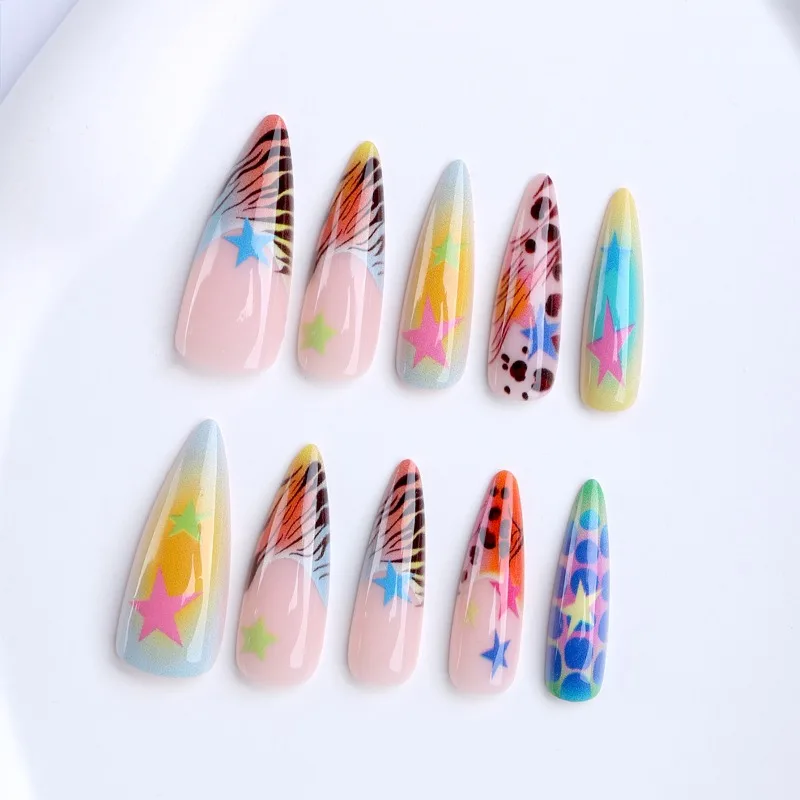

24PCS Y2k Colorful Stars French Press on Nails Spice Girls Pink Blue Gradient Long Stiletto Fake Nails Leopard Print False Nails