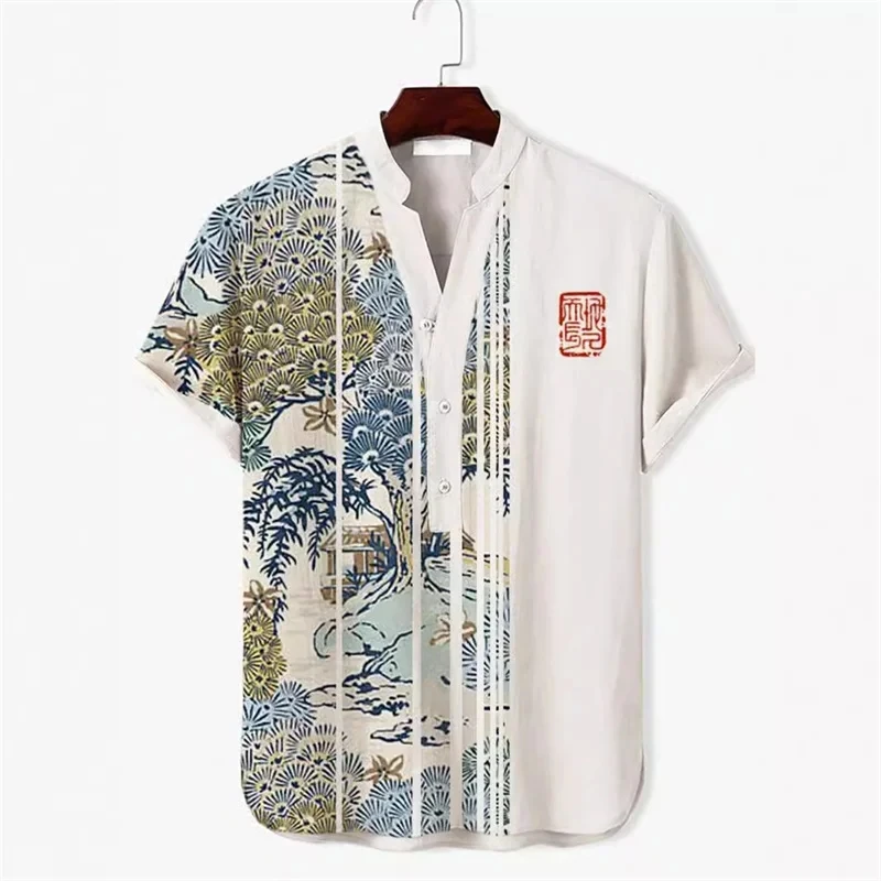 Camisa informal de lino para hombre, top de manga corta con patrón 3D, ropa Hawaiana de alta gama, versátil, social, 2024