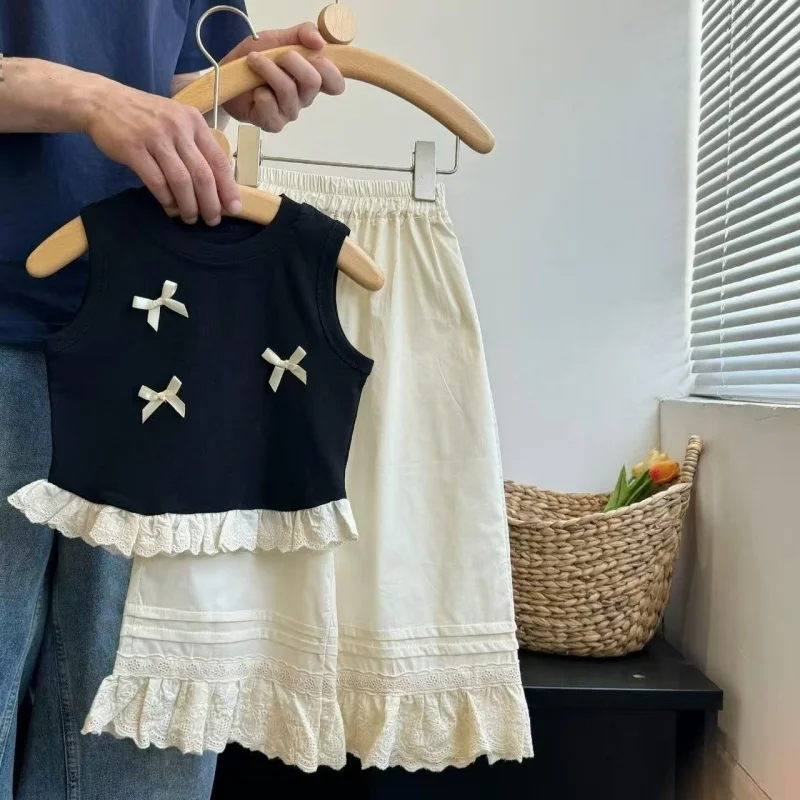 

Korean Casual Children's Set Bow Decoration Black Sleeveless Vest+Pants Two-piece Set Lace Stitching Girls Clothes 80-140CM