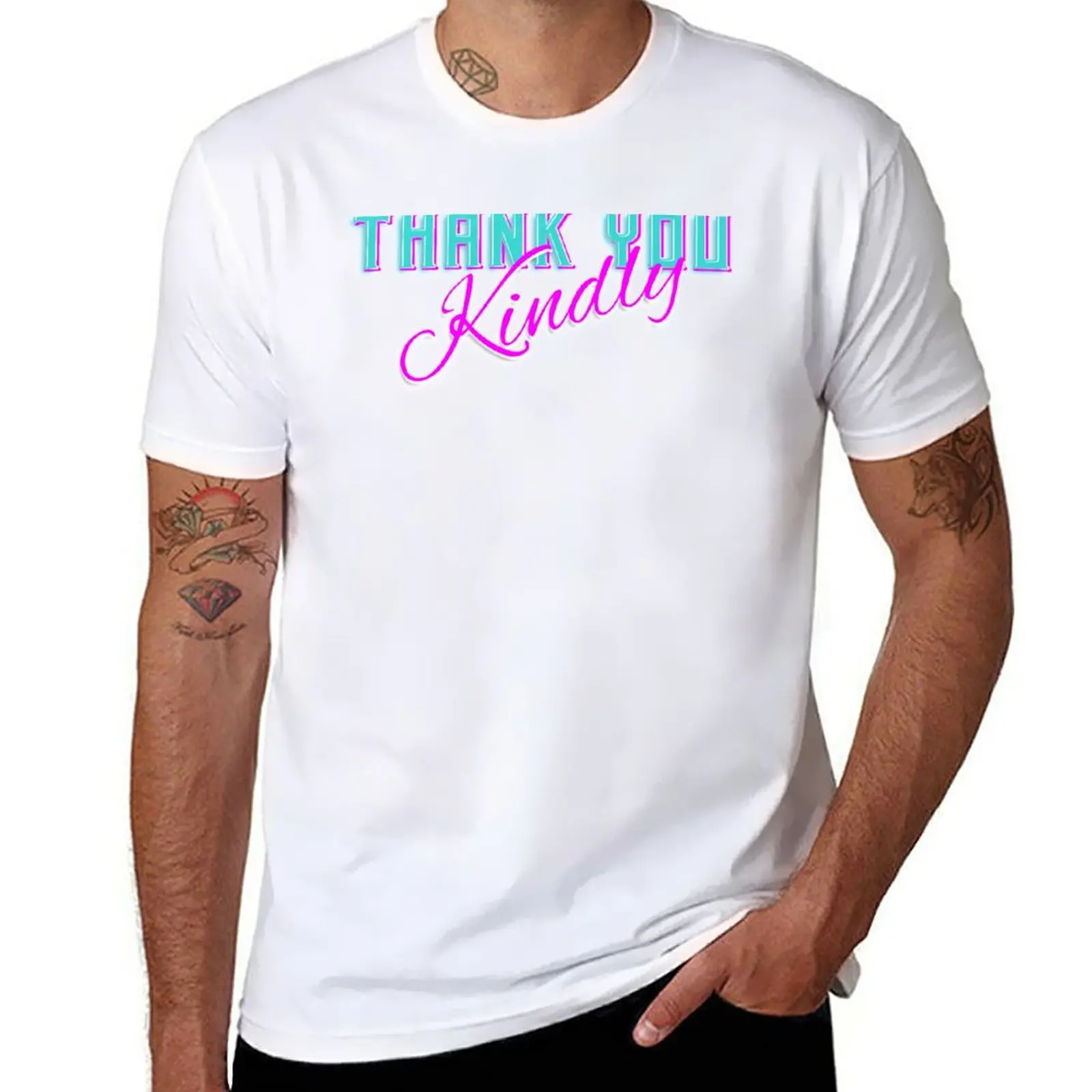 New Modern 3d Lettering Thank You Kindly Script on Turquoise and Magenta on Soft Pink T-Shirt