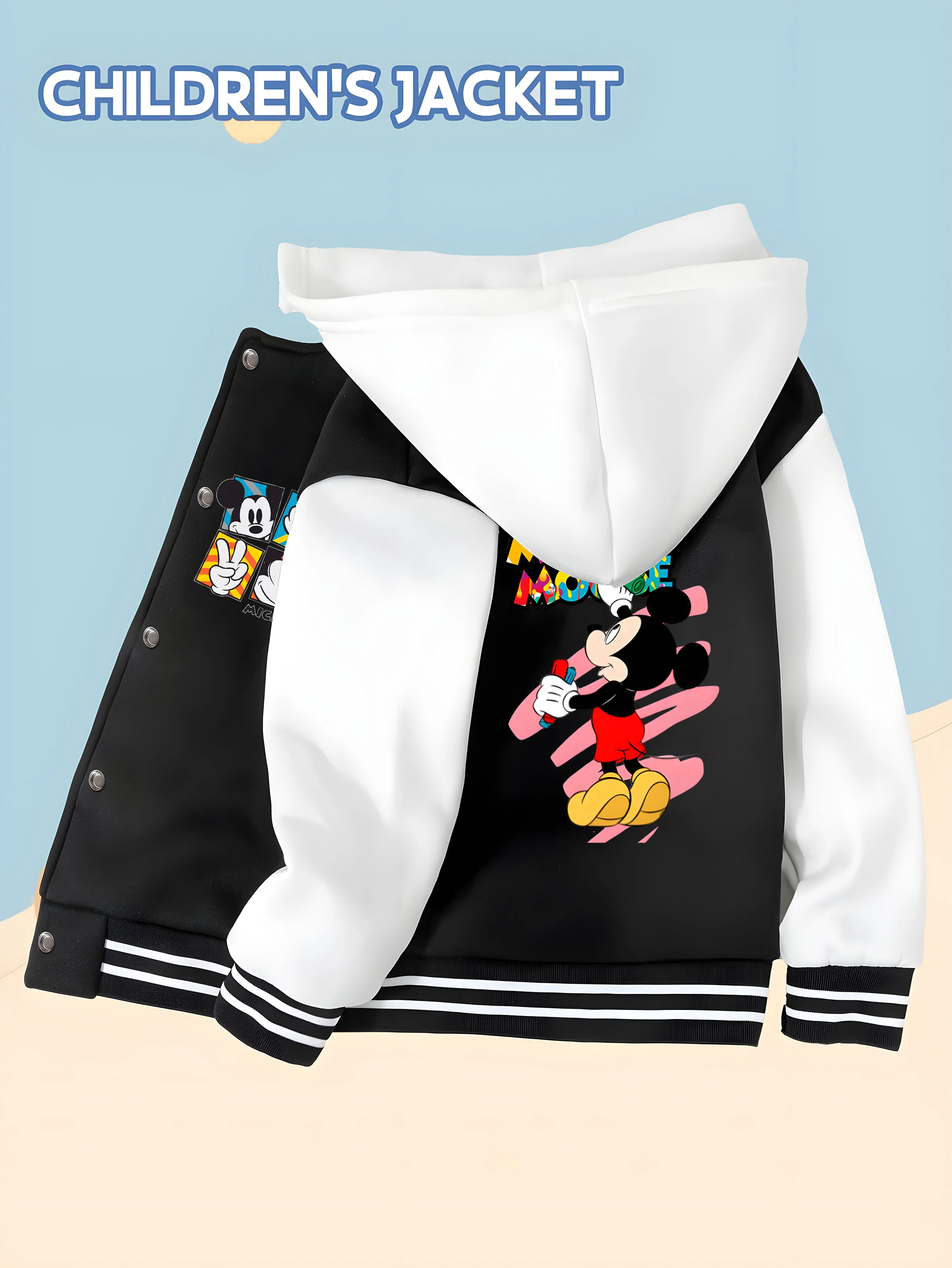 

MINISO Disney co-branded Mickey Mouse trendy boys' baseball jacket - double-sided colorful print, suitable for school wear