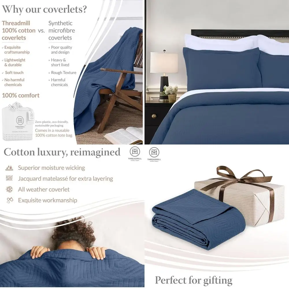 

All-Season 100% Cotton Queen Blanket - Lightweight, Soft, Breathable Coverlet for Full Bed, 90x92, Folkstone Blue