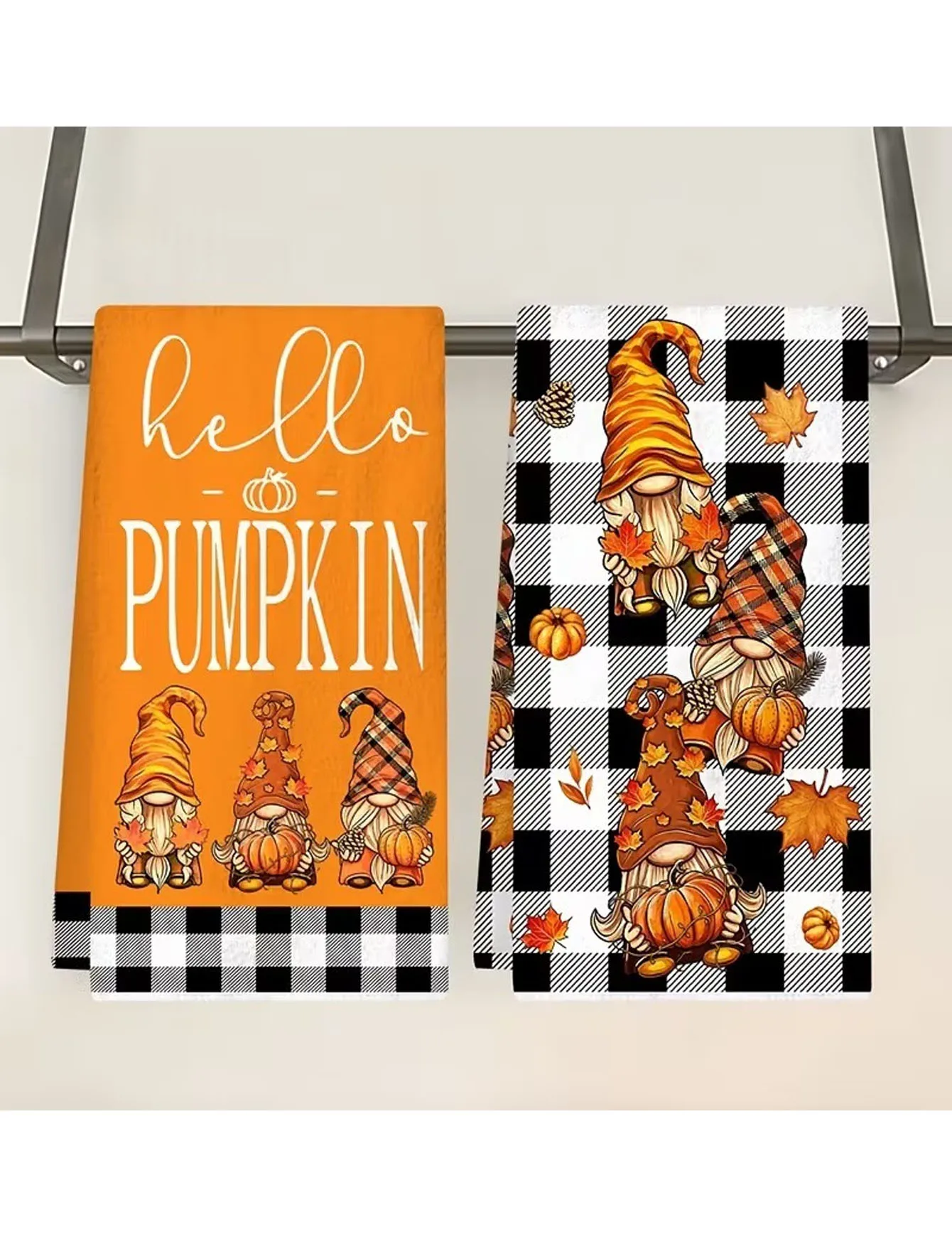 2pcs Autumn Dwarf and Pumpkin Maple Leaf Dish Towels, Kitchen Towels, Absorbent Tea Towels, Thanksgiving Kitchen Decoration