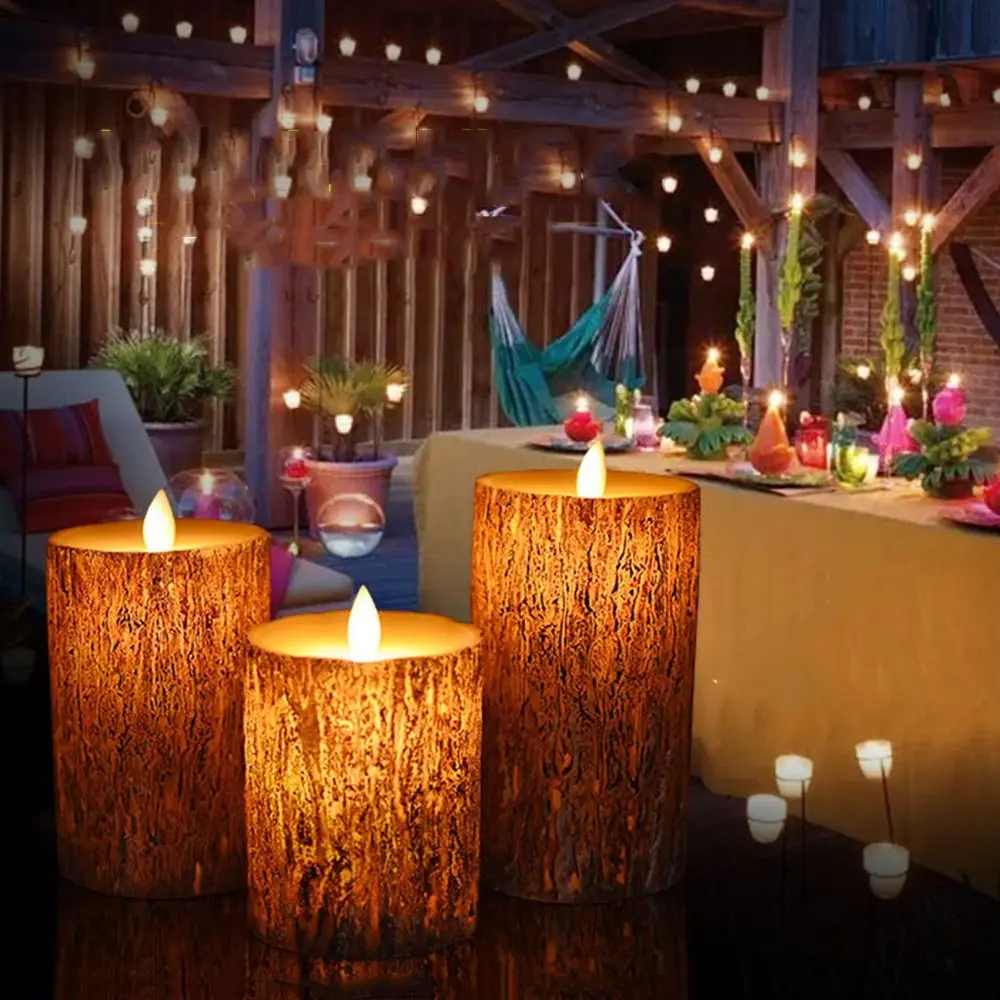 

Battery Operated Flameless Pillar Candles Cycling 24 Hours Timer Flickering LED Pine Bark Swing Candles Warm Yellow Light