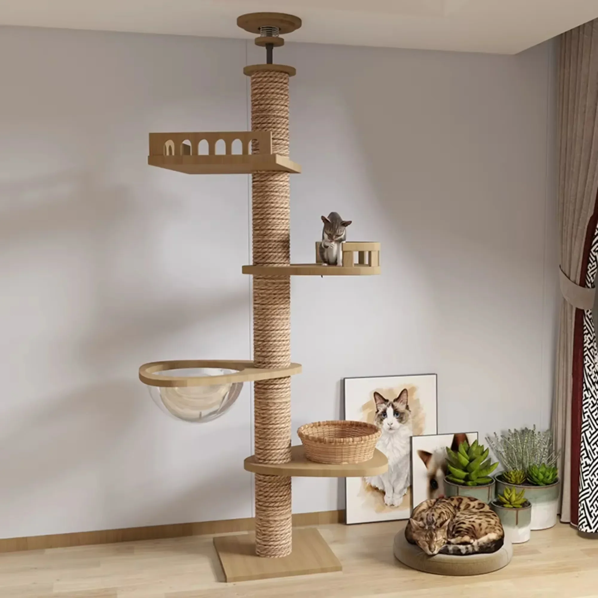 Custom LargeCats Scratch Post Floor to Climbing Ceiling Frame Wood sisal Tree Space Cap-sule Jumping Platform Cat Ceiling  tower