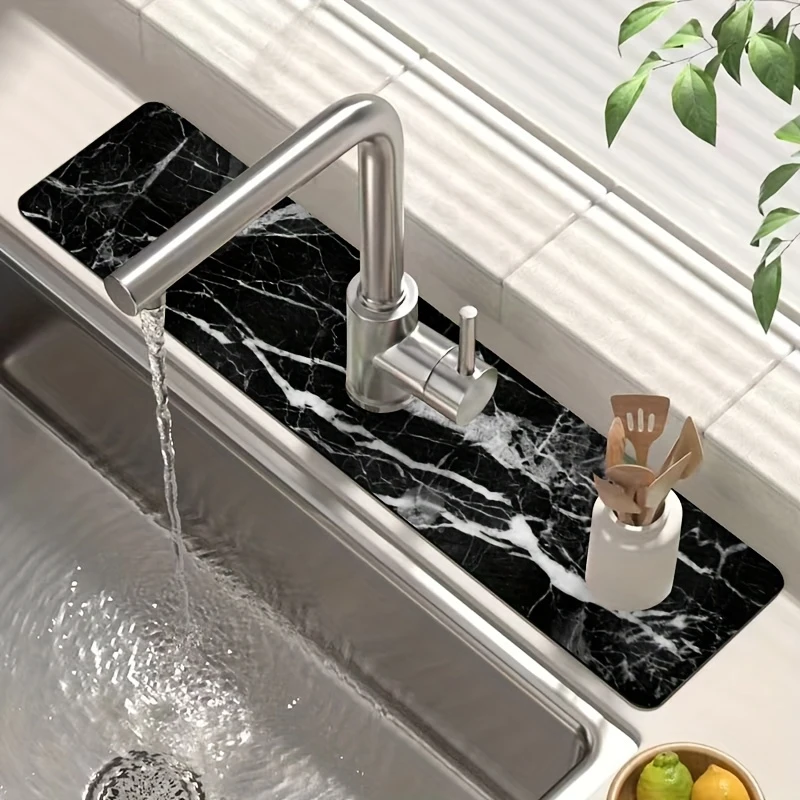 VIKAMA Black Marble Pattern Faucet Protective Mat, Cuttable Kitchen Sink Mat, Kitchen Counter Accessories Home Decor