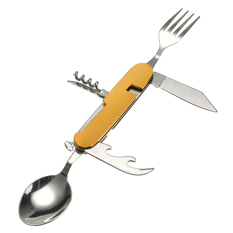 6 In 1 Detachable Tableware Multifunctional Camping Stainless Steel Fork Knife Spoon Bottle Opener Fold Outdoor Hiking Travel