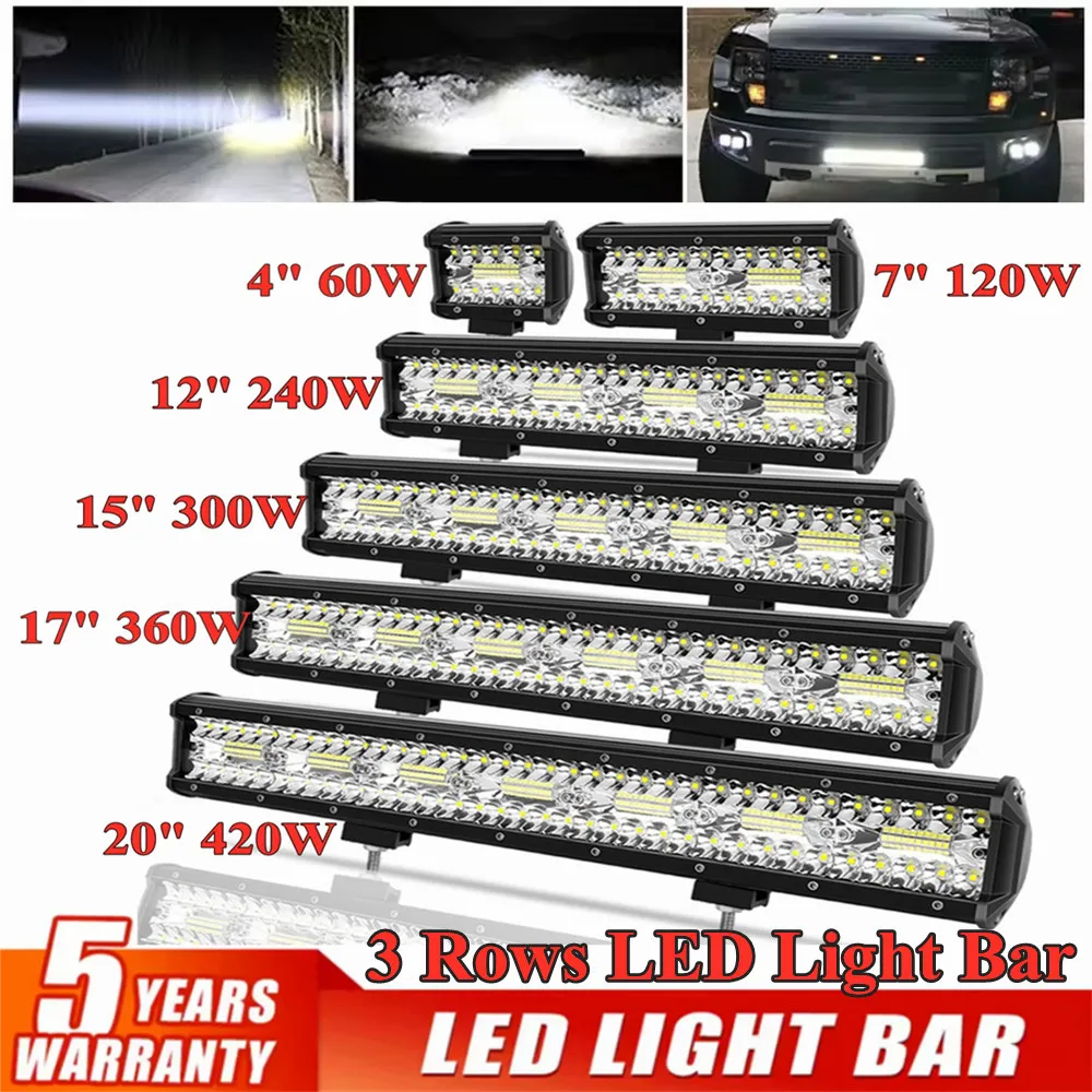 3 Rows Car LED Light Bar Offroad 4x4 Spotlights Fog Lamp Work Light LED Bar For ATV SUV Truck Tractor Boat motorcycle Headlights