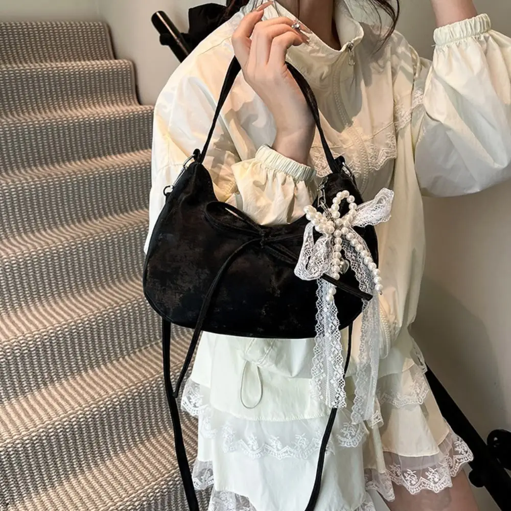

Большая вместительная сумка через плечо с бантом, кружевная подвеска с жемчугом, корейский стиль, сумка-хобо из искусственной кожи, однотонная сумка во французском стиле для покупок
