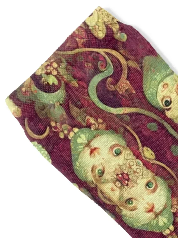 Kitten Cat Sage Green Dream on Burgundy Red Floral Motif Socks custom heated cute Socks For Men Women's