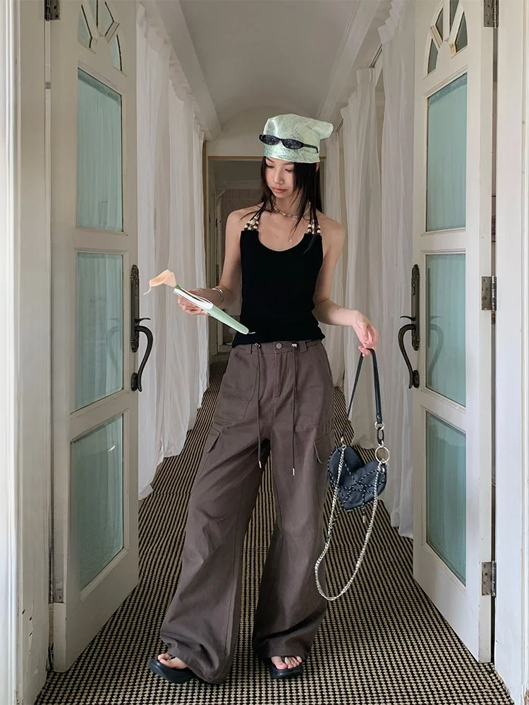 

Женские летние брюки-карго Iny Brown: новые американские ретро-брюки с высокой талией, свободные, широкие, повседневные, в пол