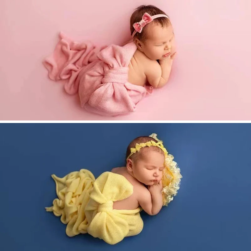 Newborn Baby Photography Wrap Strong Elastic Swaddle Solid Infant Boy Girl Photo Shoot Swaddling Clothes 40*145cm Big Bowknot