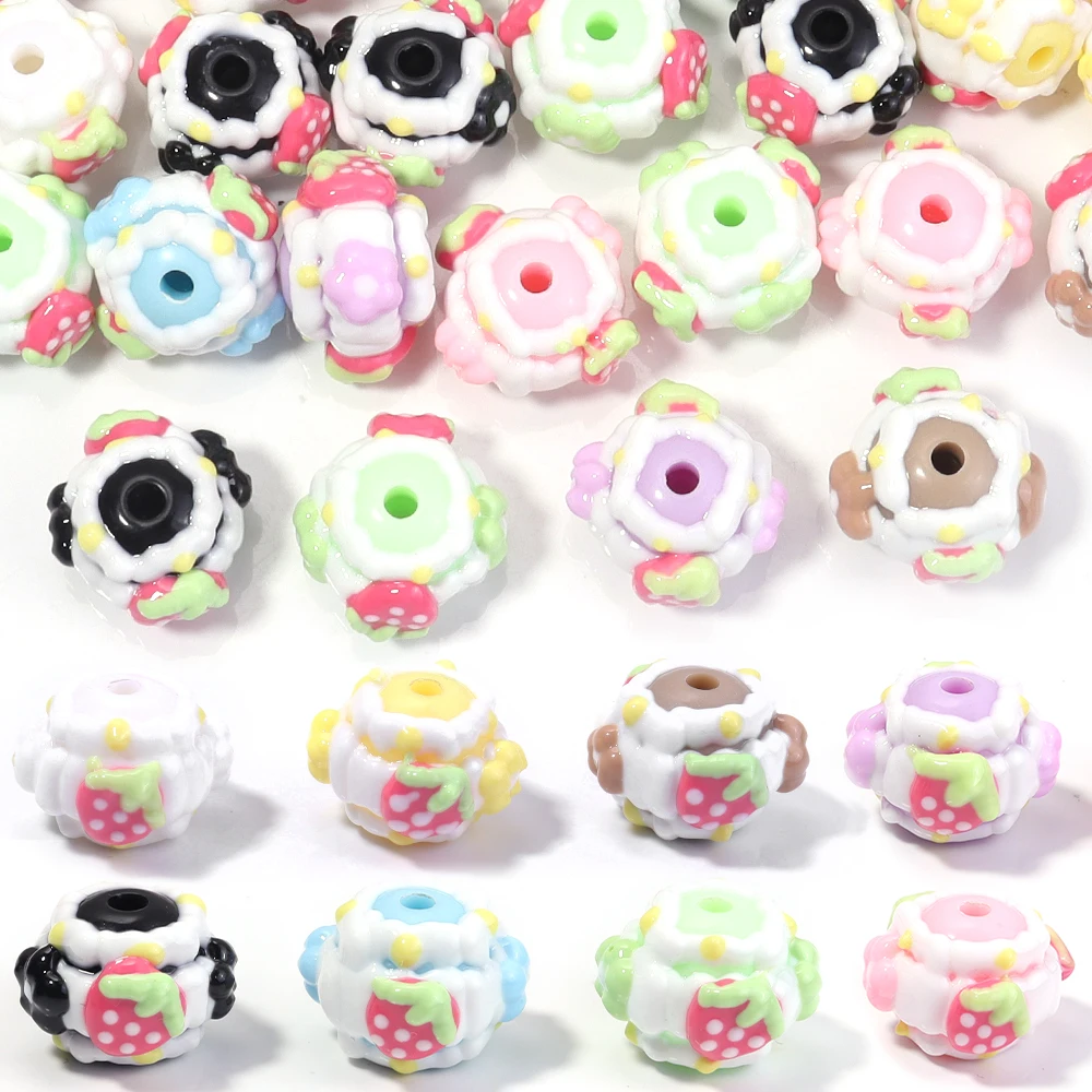 

10 шт./лот, красочные ручная роспись, акриловые бусины, клубничный цветок, кремовый узор, свободные бусины для браслета «сделай сам», аксессуар для цепочки для телефона