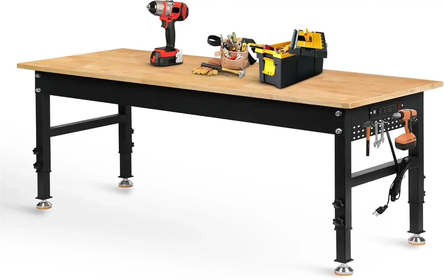 Adjustable Height Workbench, 2000 LBS Heavy Duty Work Table with Power Outlets & Pegboard, Rubber Wood Workstation for Garag